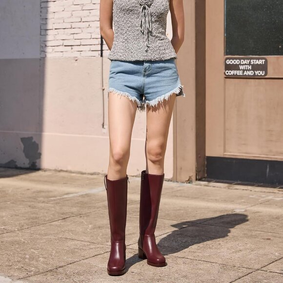 Women’s Burgundy 2 Knee High Chunky Block Heel Square Toe Side Zipper Tall Boots - Picture 6 of 6